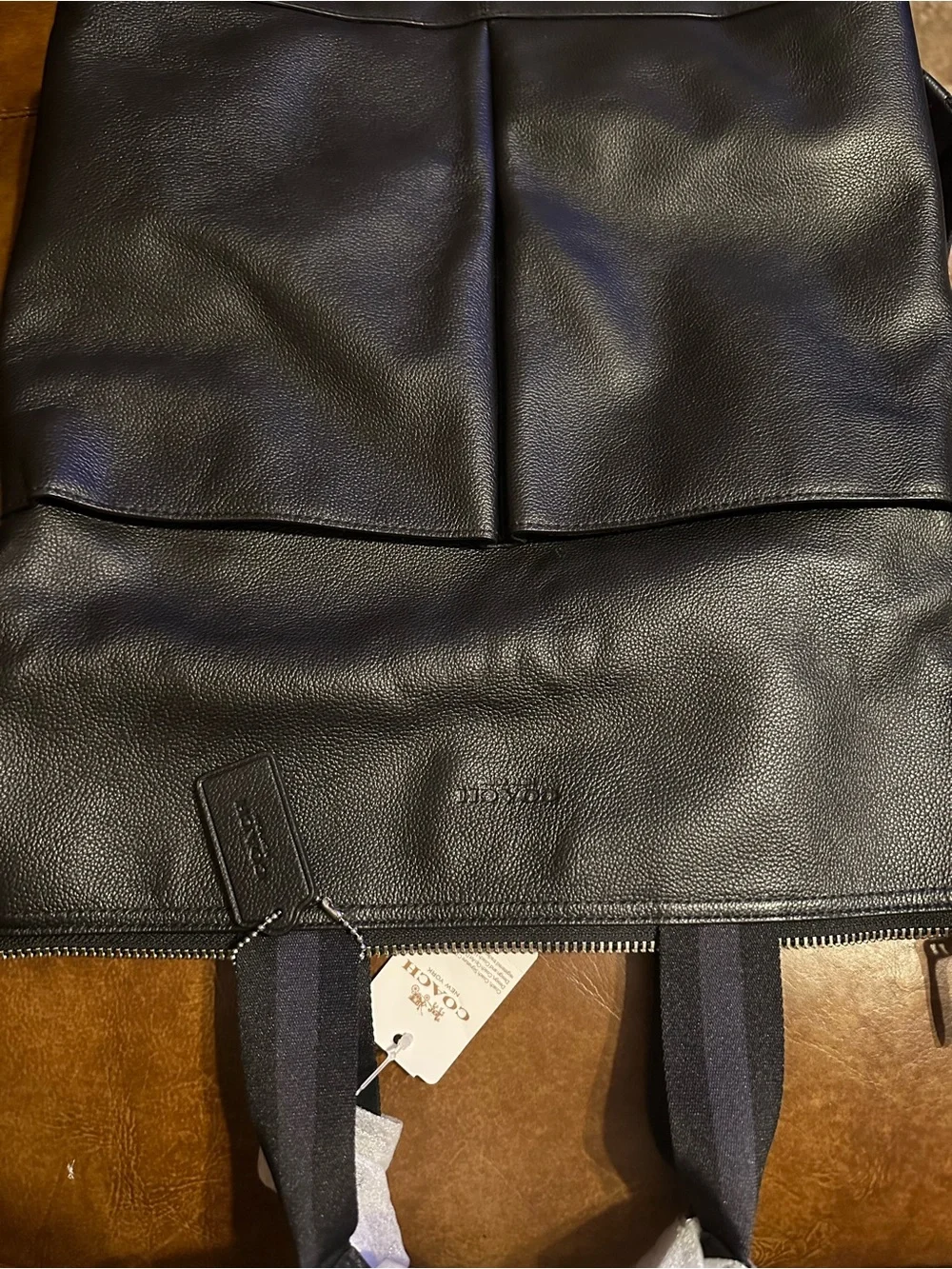 Black Leather Unisex Fold Over Tote with Dual Straps